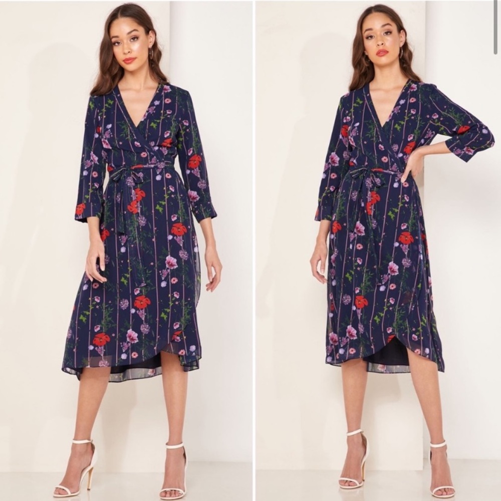 Ted Baker Floral Long Sleeve Dress - Navy and Red
